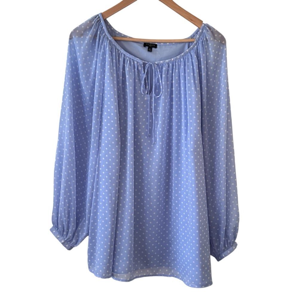 Talbots Plus Blue Polka Dot Lined Sheer Long Sleeve Blouse Size 2X